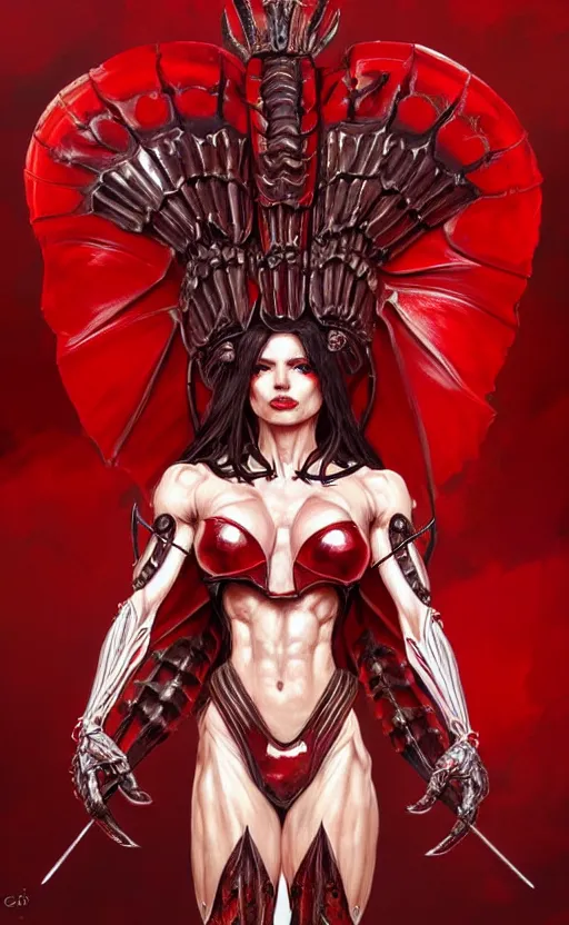 Image similar to Gothic crustacean muscular bodybuilder warrior queen in red and white chitin armor, fantasy, highly detailed, digital painting, artstation, concept art, smooth, sharp focus, illustration, art by artgerm and greg rutkowski and alphonse mucha