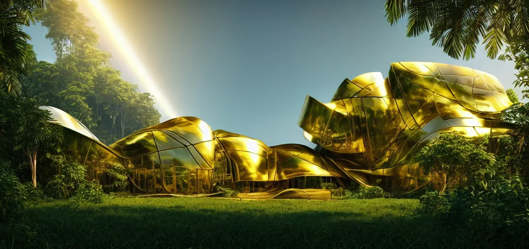 Prompt: futuristic shinny golden iridiscent mirror building in an jungle landscape of a biopunk city by frank gehry and zaha hadid, movie poster, golden ratio, evening lighting, film still, realistic, octane render redshift arnold materials unreal engine, 8 k post production, hyper detailed