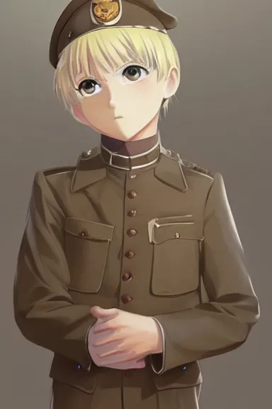 Image similar to beautiful little blonde boy in nazi male uniform. made in abyss art style, sharps focus, cute detailed artwork, anatomically correct, soft details, ilya kuvshinov, reflection, perfect composition, wallpaper mobile, illumination, digital art, detailed anime soft face, symmetrical face, western comic, illustration, realistic, nazism, lois van baarle