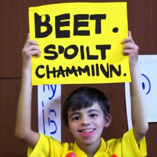 Prompt: award winning photo of the spelling bee champion holding a sign that says best speller