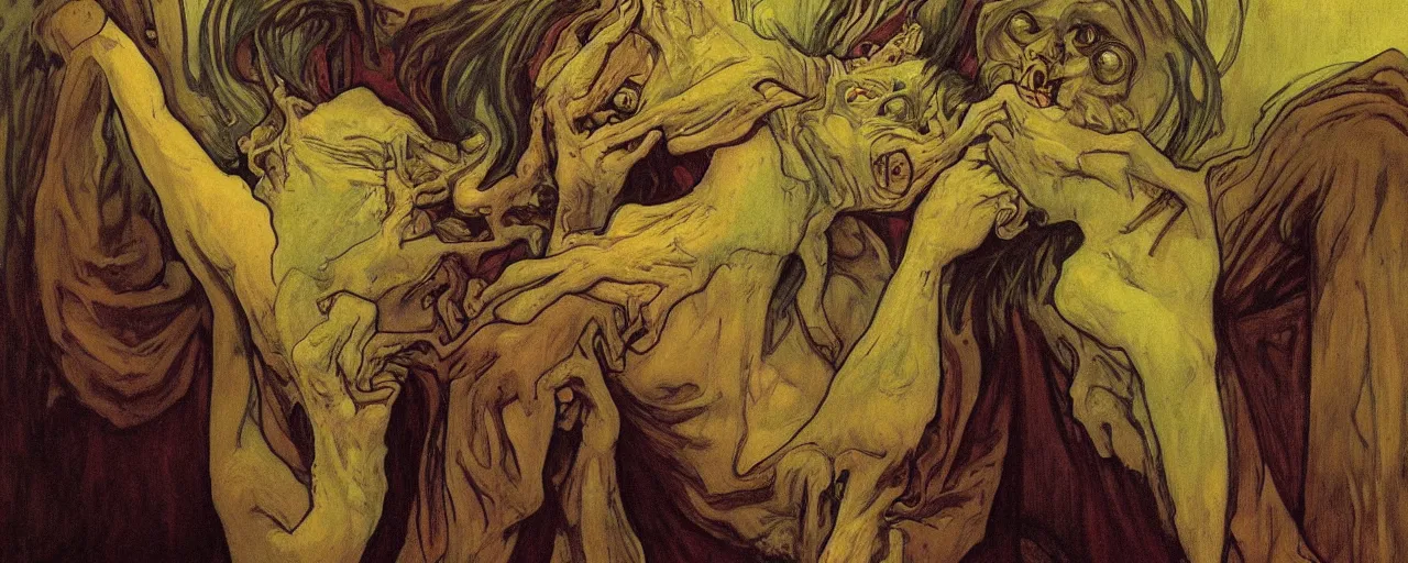 Image similar to vintage color footage contorted exaggerated melodramatic exorcism scared priest, wide open mouth in terror, crying figures inside mental hospital by zdzisław beksinski and alphonse mucha, ( ( ( ( ( ( ( makoto shinkai raphael lacoste martin deschambault finnian macmanus artstationhq iamag