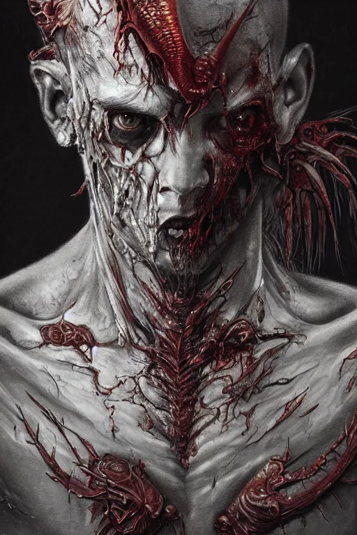 Image similar to realistic portrait of beautifully crystalized and detailed portrait of a rotting zombie, matte painting of cinematic movie scene red dragon, horror, created by gustave dore and greg rutkowski, high detailed, smooth draw, synthwave neon retro, intricate, realistic proportions, dramatic lighting, trending on artstation.