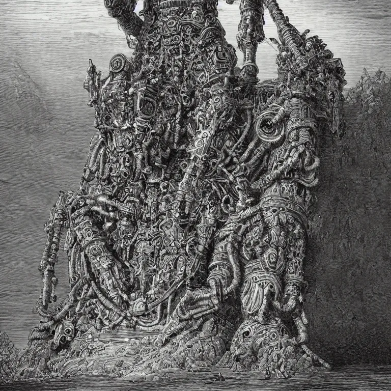 Prompt: A detailed engraving of a giant hindu robot god in the style of gustave dore. High contrast. Vintage (1871)