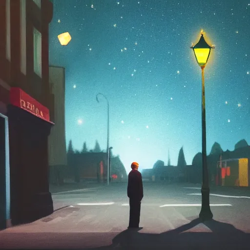 Image similar to a detailed portrait of a lonely man with a skull as his head standing in the street at night, green dramatic and cinematic light from the streetlight, the background is the sky full of stars, in the style of edward hopper, 4 k,