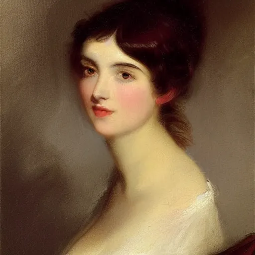 Image similar to Romanticism painting of a woman with short hair painted in 1825 by Sir Thomas Lawrence