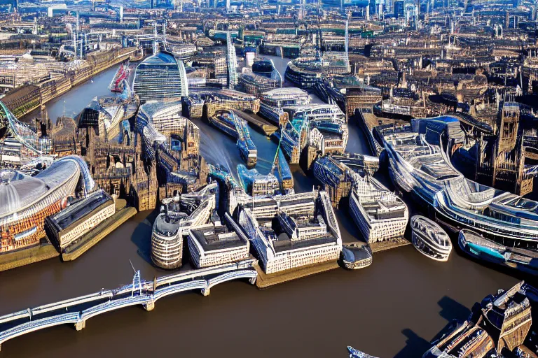 Image similar to an aerial view of a london city with a river running through it, a tilt shift photo by christopher wren, featured on cg society, new objectivity, uhd image, tilt shift, high dynamic range