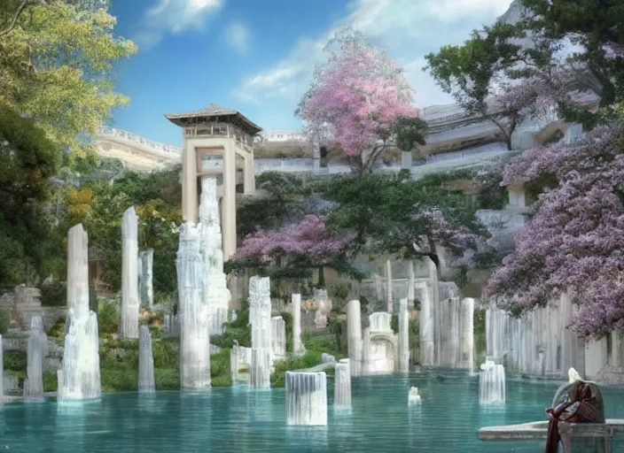 Image similar to A wide open courtyard in a beautiful elven city made of ivory, anime, Singaporean lush sakura trees, fountain, at Pamukkale, thermal waters flowing down white and gold travertine terraces, intricate, elegant, luxurious, digital painting, concept art, smooth, sharp focus, from Star Trek 2021, illustration, by WLOP and Ruan Jia and Mandy Jurgens and William-Adolphe Bouguereau, Artgerm