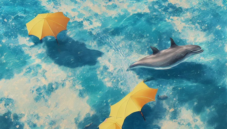 Image similar to craig mullins and ghibli digital illustration of, a dolphin in the blue dotted water, modern beach ， many umbrellas, white waves ， yellow gravel corals and schools of fish unreal engine, hyper realism, realistic shading, cinematic composition, realistic render, octane render, detailed textures, photorealistic, wide shot