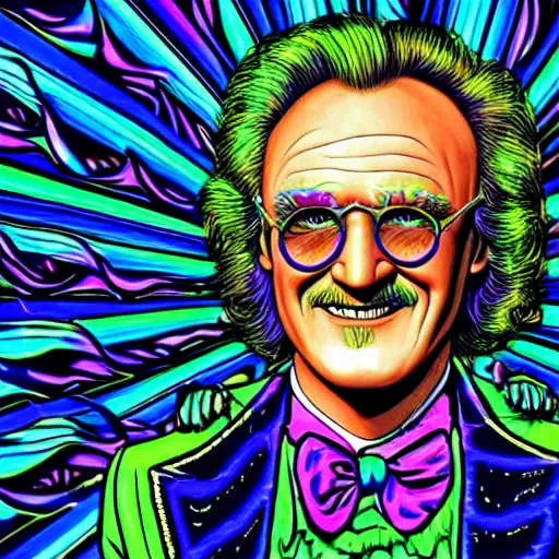 Prompt: a detailed digital neon illustration art of gene hackman willy wonka smiling with his eyes clothes in the style of Alex Grey, lisa frank, psychedelic, fantasy, 8k, ornate, intricate
