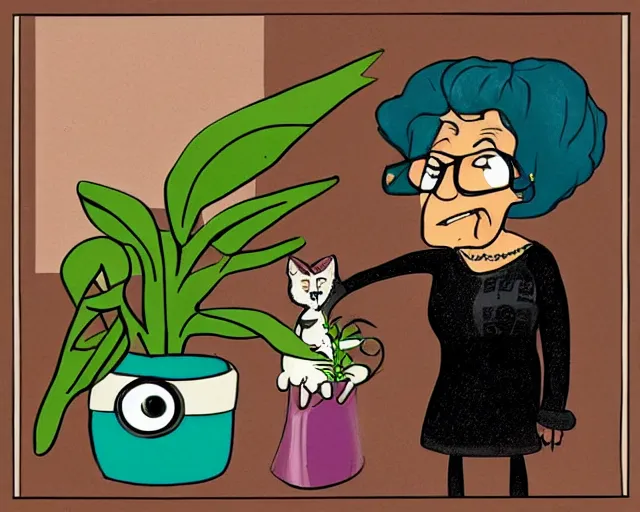 Image similar to cartoon of a nice old lady and her plant cat, pixar, sharp high quality