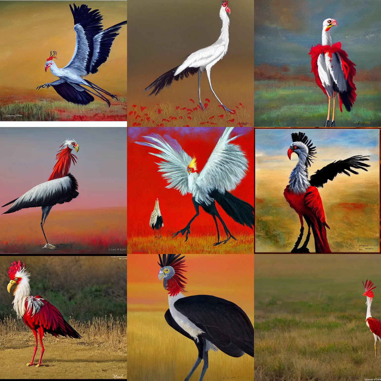 Prompt: a secretary bird wearing a red ballgown, impressionist painting, detailed, rule of thirds, golden lighting