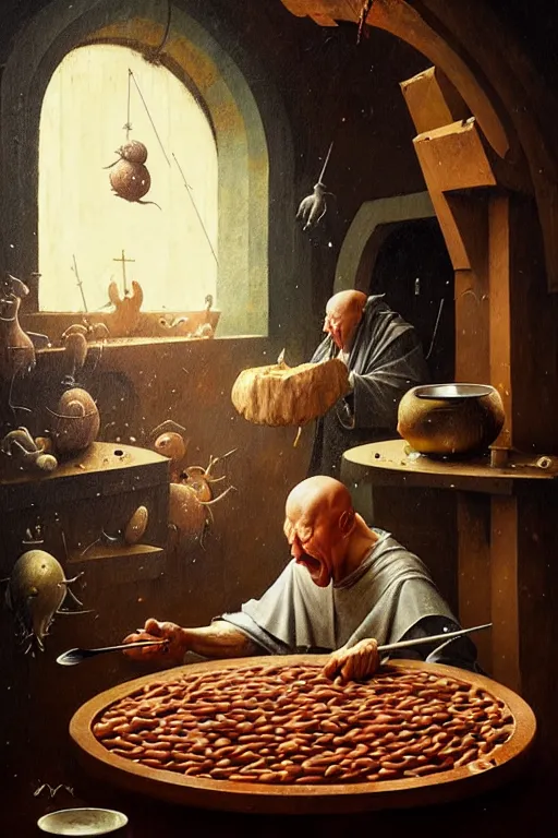 Image similar to hieronymus bosch, greg rutkowski, anna podedworna, painting of a man eating beans in a movie theatre and everyone is laughing at them