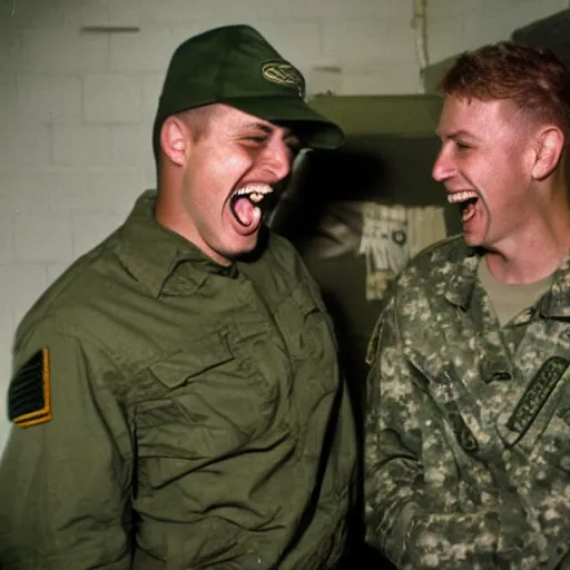 Prompt: a high quality color creepy atmospheric dimly lit extreme closeup film 3 5 mm depth of field photograph of 2 men wearing army fatigues laughing hysterically having casual conversation inside a top secret military base in antarctica in 1 9 8 2