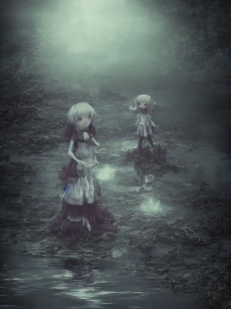 Prompt: cute fumo plush girl witch standing in reflective murky ghastly river water, otherworldly gothic horror maiden in tattered cloth, hazy heavy swirling murky volumetric fog and smoke, moonglow, lens flare, vray