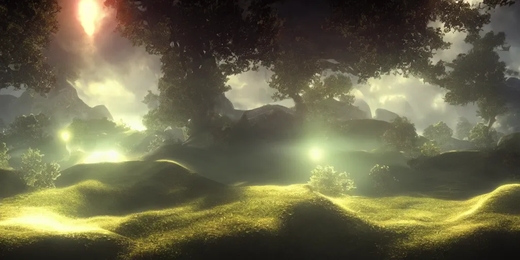 Image similar to wallpaper, landscape, volumetric lighting, epic, mystical