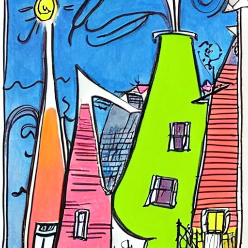 Image similar to ! dream buildings, drawing by dr seuss, with towers, bridges, stairs