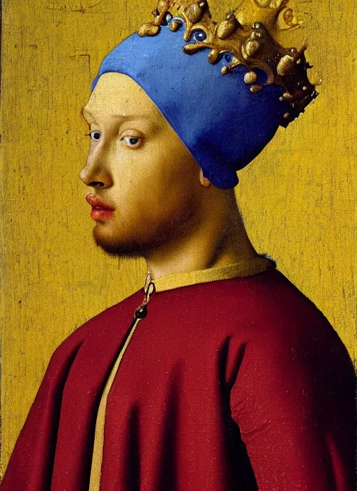 Prompt: portrait of a young man who is a king with a crown, medieval painting by Jan van Eyck, Johannes Vermeer, Florence