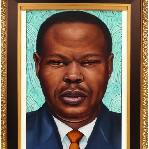 Image similar to a painting of a wide forehead, round face, XXL , smirky, fatherly, loving, caring, generous, ever-present, humble, wise elder from Kenya in a suit by Kehinde Wiley . Fatherly/daddy, focused, loving, leader, relaxed,. ethereal lights, details, smooth, sharp focus, illustration, realistic, cinematic, artstation, award winning, rgb , unreal engine, octane render, cinematic light, macro, depth of field, blur, red light and clouds from the back, highly detailed epic cinematic concept art CG render made in Maya, Blender and Photoshop, octane render, excellent composition, dynamic dramatic cinematic lighting, aesthetic, very inspirational, arthouse.