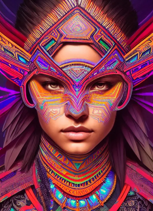 Prompt: hyper detailed ultra sharp of a beautiful tribal aztec trance girl. trending on artstation, warpaint aesthetic, earthwave, colorful, psychedelic, ornate, intricate, digital painting, concept art, smooth, sharp focus, illustration, art by artgerm and greg rutkowski and alphonse mucha, 8 k