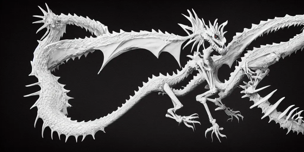 Image similar to white dragon skeleton, studio photography, 4 k, black background