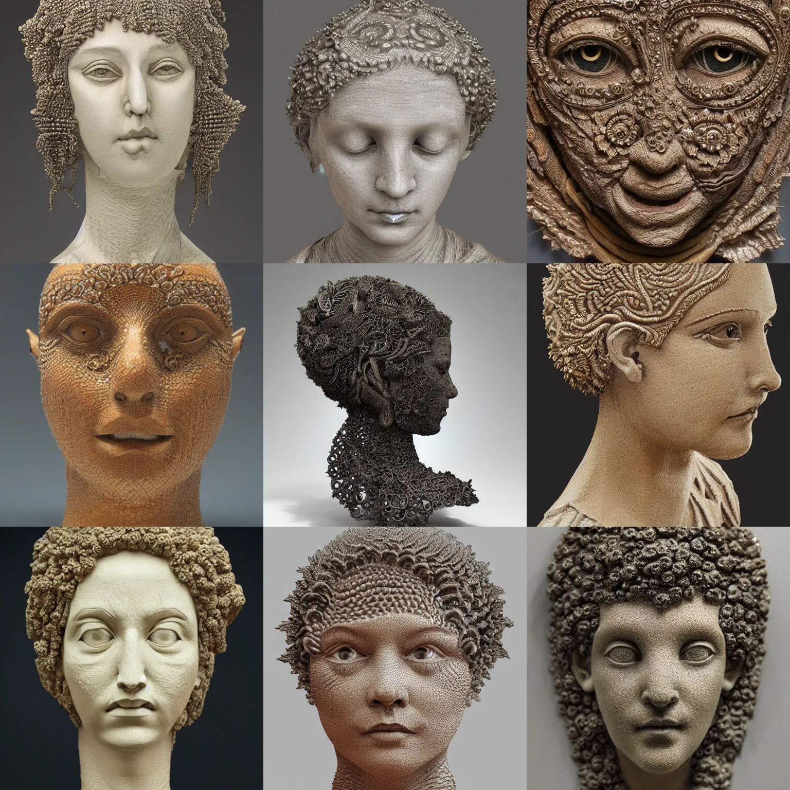 Prompt: an intricate and extremely detailed sculpture of a female head with a fractal texture