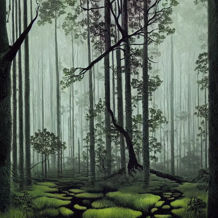 Prompt: charles burchfield art painting, beautiful arboreal forest by Adriaan Herman Gouwe, oregon washington rain forest by beeple