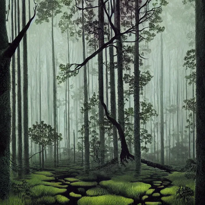 Image similar to charles burchfield art painting, beautiful arboreal forest by Adriaan Herman Gouwe, oregon washington rain forest by beeple