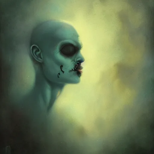 Image similar to sad man, half of face is gone, moss is growing out, despair, thoughts escaping mind, by Anato Finnstark, Tom Bagshaw, Brom