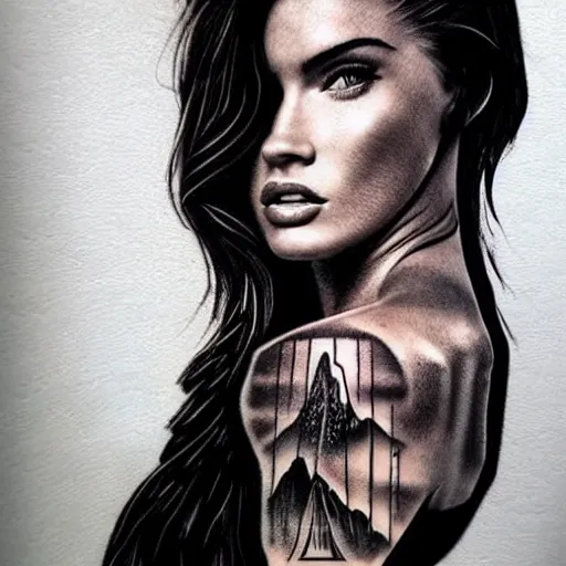 Image similar to hyper realism tattoo sketch of megan fox face professional double exposure art with beautiful mountain scenery, in the style of matteo pasqualin, amazing detail, sharp, faded