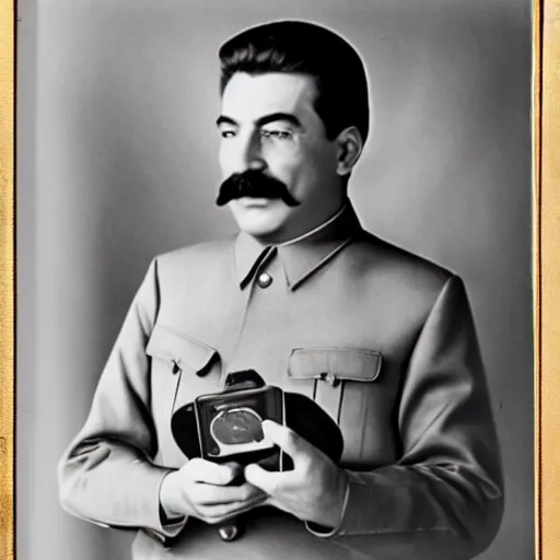 Image similar to Stalin holding an iPhone, studio photography, 1940