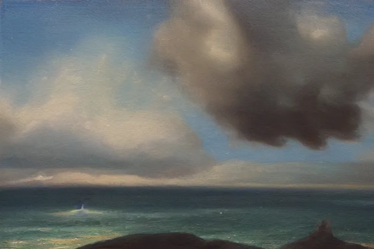 Prompt: island in the sky, disappearing in the clouds, oil painting in the style of german romanticism