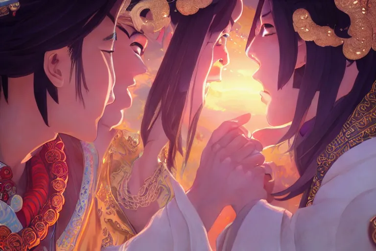 Image similar to close up moment of a divine a japan sun god and a moon goddess lovers magician at a wedding banquet, highly detailed, genshin, fantasy, 4 k realistic, digital painting, trending on artstation, concept art, sharp focus, illustration, art by makoto shinkai and akihiko yoshida and daniel gerhartz