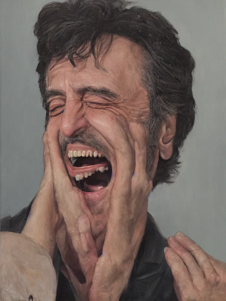 Image similar to portrait of al Pacino laughing by Ben aronso, oil on canvas