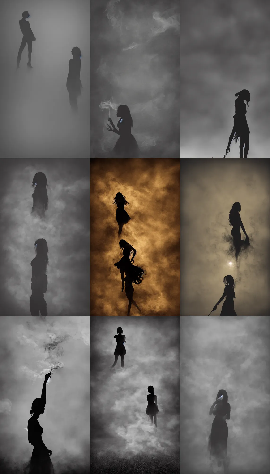 Prompt: black dark fantasy smoke on night field, single girl silhouette, hyper detailed, vignette, ground, unfocused, realistic