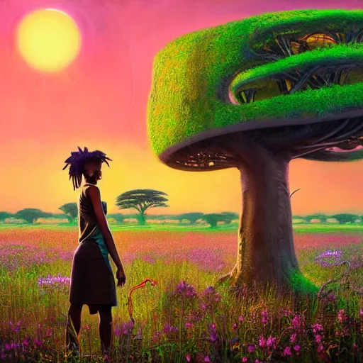 Prompt: an african cyberpunk hacker girl with her headset plugged into a giant glowing baobab tree in the middle of a field of flowers at sunset, by greg rutkowski and android jones in a surreal cyberpunk! style, oil on canvas, 8k hd, synthwave colors!!