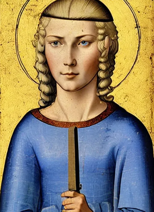 Prompt: young woman in medieval clothing, blue eyes and blond hair, a ribbon in her hair, armed with a sword. art by giotto,