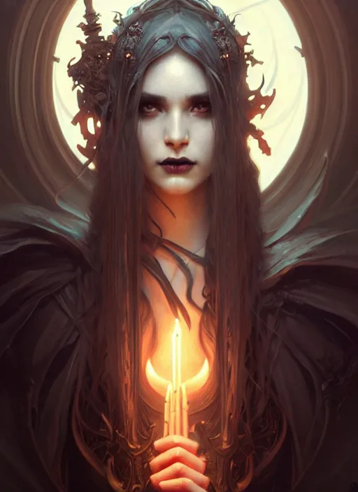 Image similar to a beautiful cinematic female Necromancer Sorceress goddess of death, fantasy magic, undercut hairstyle, dark light night, intricate, elegant, sharp focus, illustration, highly detailed, digital painting, concept art, matte, art by WLOP and Artgerm and Greg Rutkowski and Alphonse Mucha, masterpiece