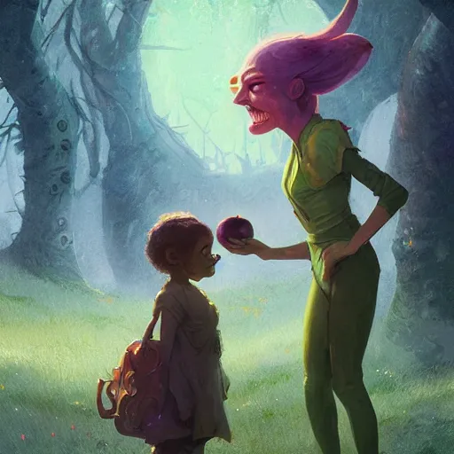 Image similar to a girl accepting an apple from a green skinned witch, by Jordan Grimmer and greg rutkowski, crisp lines and color,