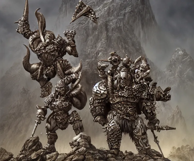 Image similar to trailcam footage grotesque horrific stylistic vray 3 d render of warhammer, silver ornate armor slim bodybuilder warriors, mountains and giant gothic abbeys, hyperrealism, fine detail, 8 k, artsation contest winner, cgsociety, fantasy art, cryengine, brush strokes, oil canvas by mandy jurgens and michael whelan