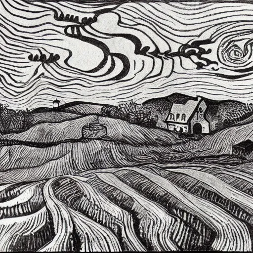 Prompt: landscape by MC Escher and Vincent Van Gogh