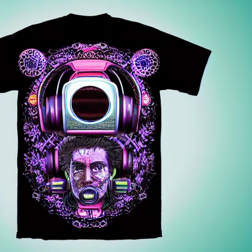 Image similar to mockup of a black tshirt with a hyperdetailed portrait of a steampunk robot with headphones on lsd, 8 k, symetrical, flourescent colors, trippy mood, multicolored,