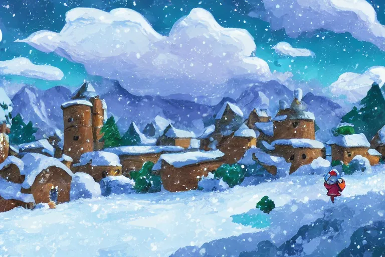 Image similar to snowy Landscape and a village in the background in the style of Pokemon Sword and shild