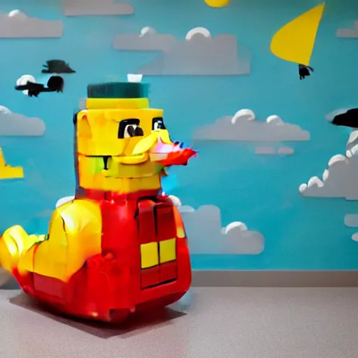 Prompt: a large rubber duck sits alone in a large room next to a birthday cake made out of lego bricks. the walls are covered with colorful wall paintings in the style of sol lewitt.