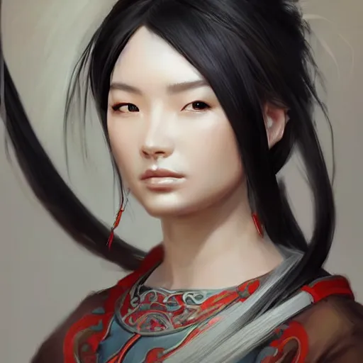 Image similar to A portrait of An beautiful!!! ancient Chinese female swordsman by Ross Tran!!! and Zhang Daqian!! and greg rutkowski! and Ruoxin Zhang!!!,In style of digital art illustration.Symmetry.Highly detailed face.Fantasy,smooth,hyper detailed,sharp focus,Soft light.trending on artstation.