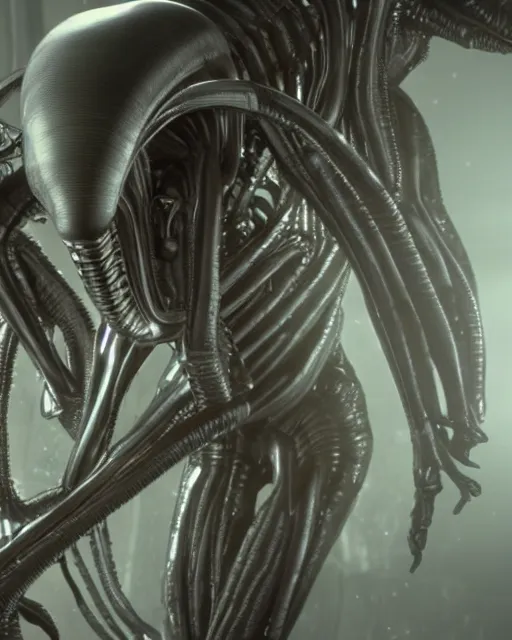 Image similar to film still of alien looking around a spaceship, slathered in a transparent alien liquid. wet flowing hair, goo, illustration, unreal engine 5, 8 k, directed by h. r. giger.