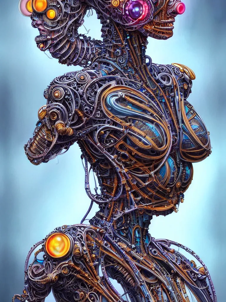 Image similar to full lenght shot woman in biomechanical dress, wearing epic bionic cyborg implants of different colors, detailed intricate ornate cables, by dan mumford and naoto hattori, masterpiece, intricate, elegant futuristic wardrobe, highly detailed, artstation, concept art, background galaxy, cyberpunk colors, art by artgerm and james jean and nick sullo