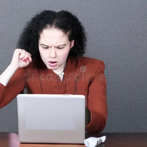 Image similar to sad person arguing with a laptop, stock image