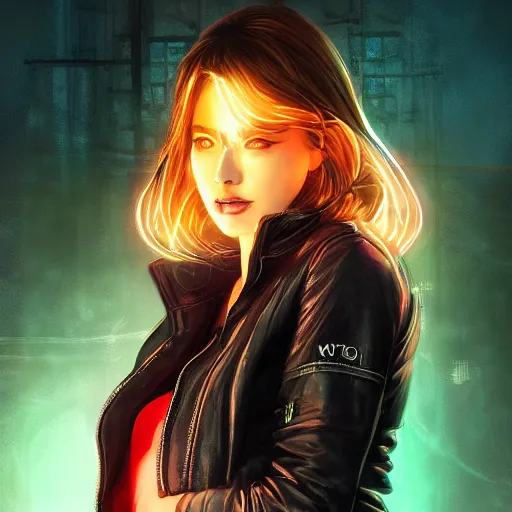 Prompt: An beautiful digital painting of a beautiful woman with a leather jacket, neon lights glowing on face in a dark environments, city background, urban fantasy style, by Stanley Artgerm Lau, WLOP, Rossdraws, James Jean