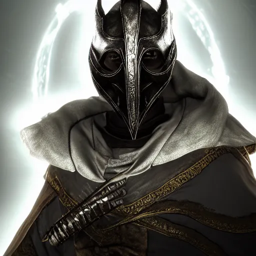 Image similar to a digital art close up portrait of hooded bard with porcelain mask in style of skyrim character, handsome warlock with magic character sheet, 4 k, ultra detail, volumetric lighting, unreal engine, octane render, grimdark