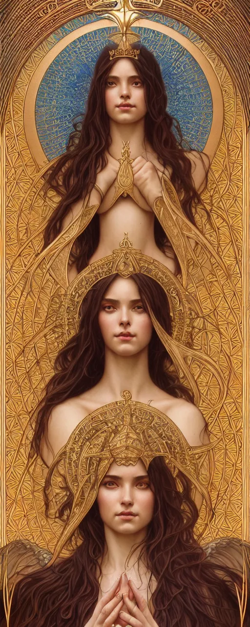 Image similar to perfectly detailed esoteric goddess of scales judgement tarot card!! blessed by nature with ever - increasing physical mental perfection, symmetrical! intricate, sensual features, highly detailed, biblical divine holy perfection!! digital painting, artstation, concept art, smooth, sharp focus, illustration, art by artgerm and greg rutkowski and alphonse mucha